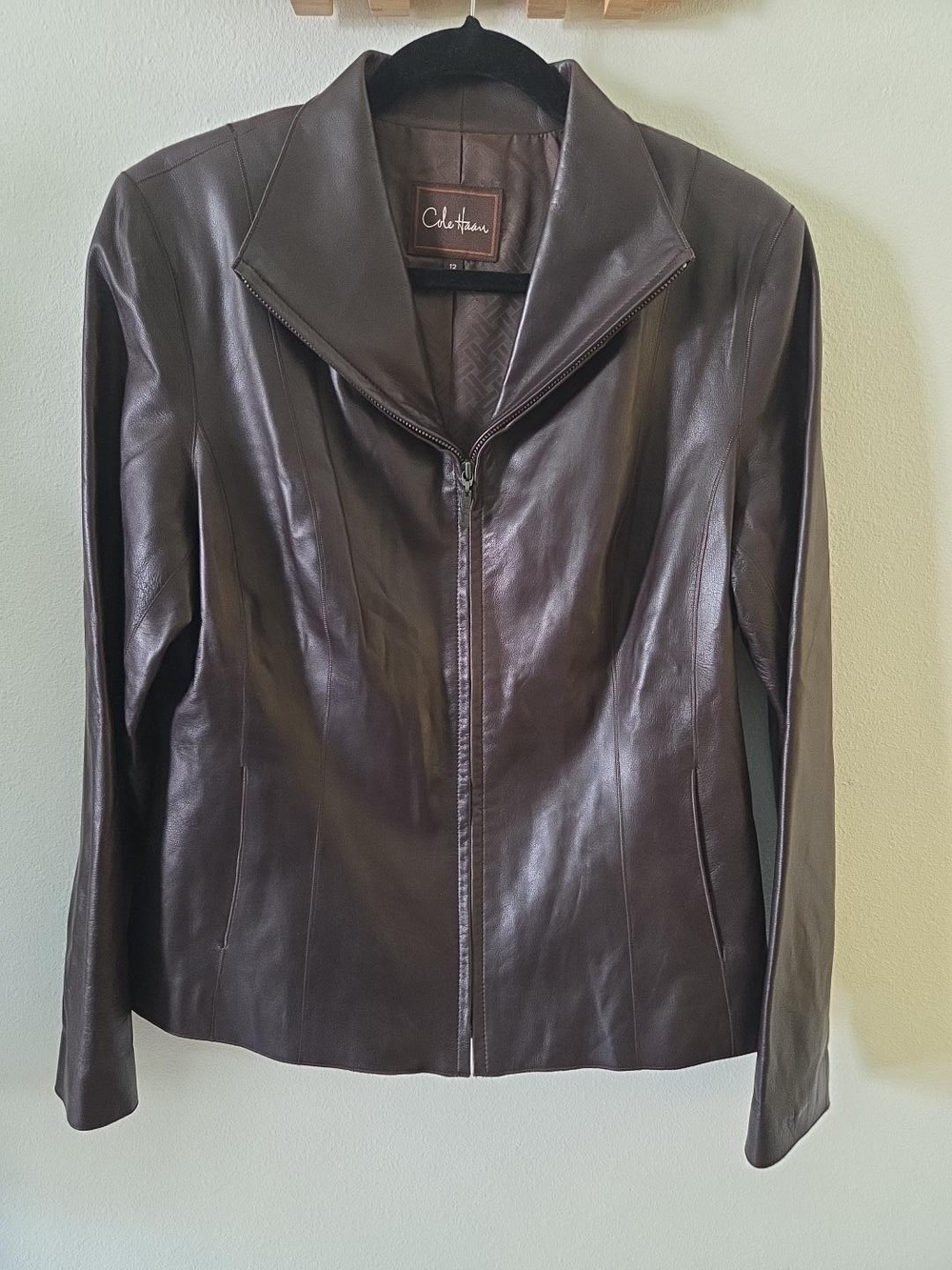 Cole Haan Genuine Lambskin Women's Chocolate Brown Leather Zip Jacket - Picture 2 of 5